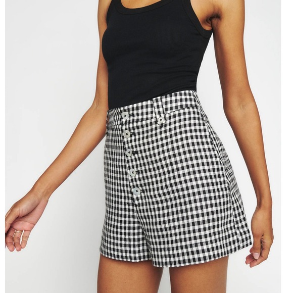 Reformation Pants - Reformation Gingham Linen Shorts Black White Button Fly Summer Beach Womens sz12
